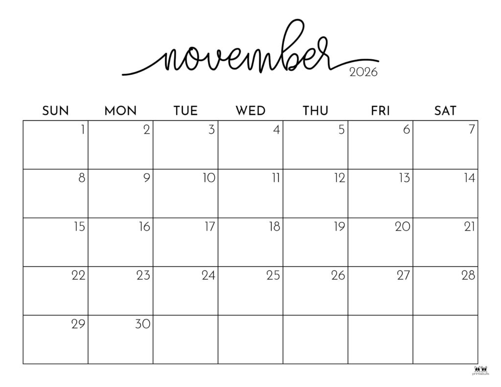 Monthly Calendar Printable 2026 November