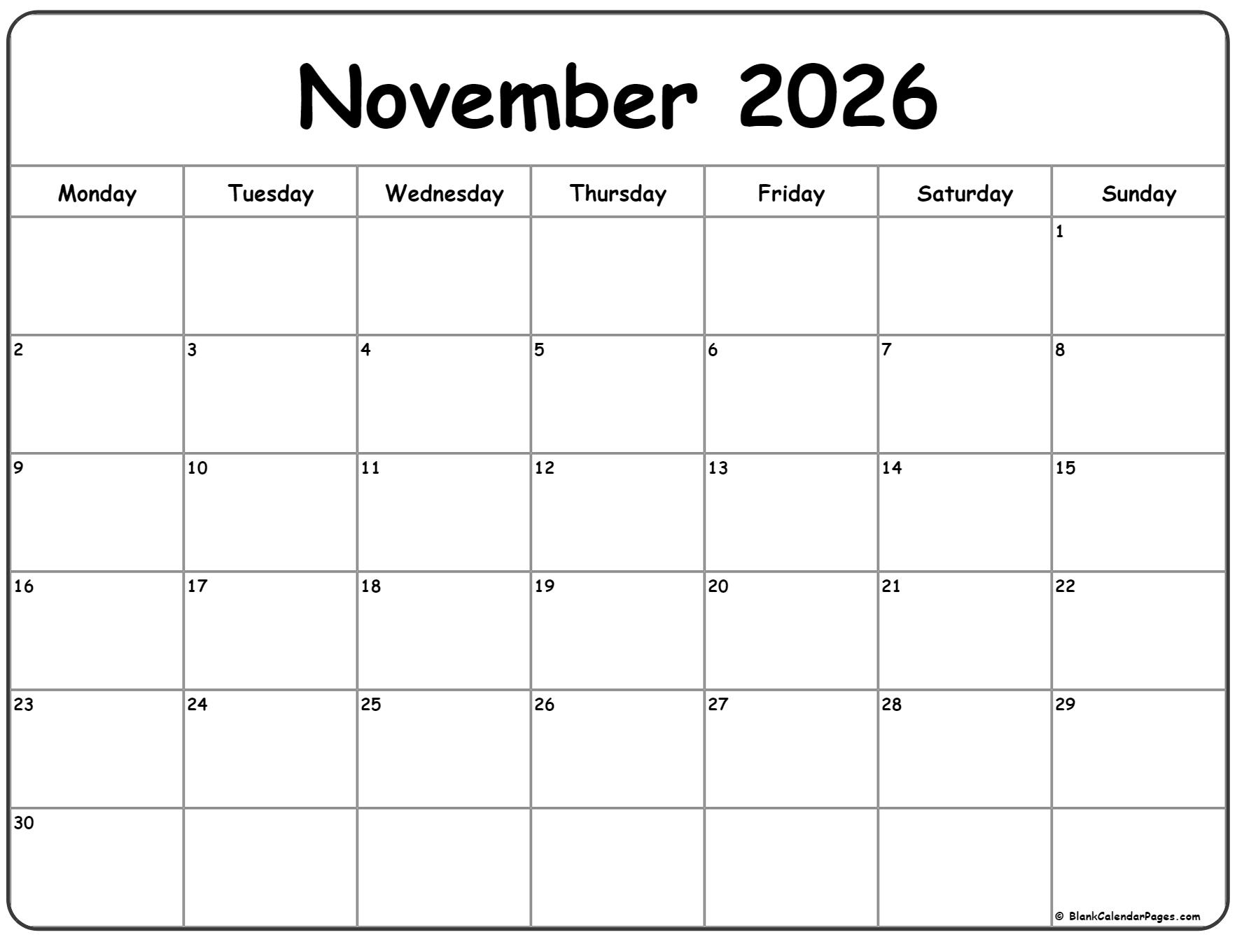 November 2026 Monday Calendar Monday To Sunday