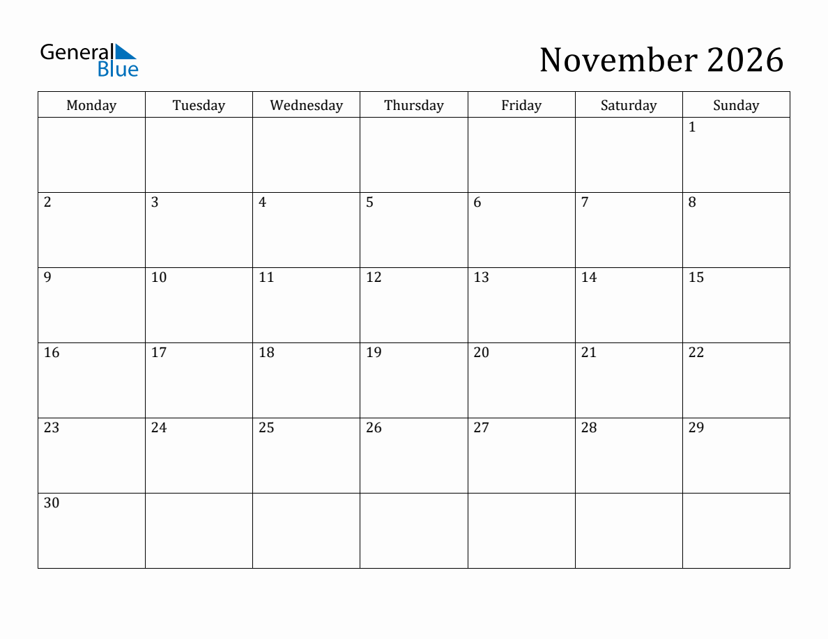 Printable Calendar November 2026 Excel