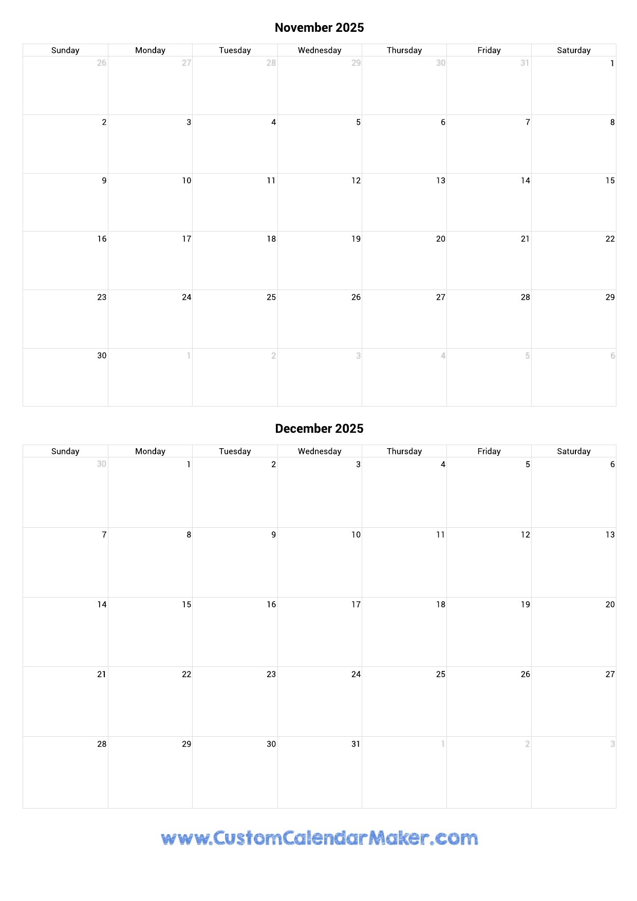 November And December Printable Calendar