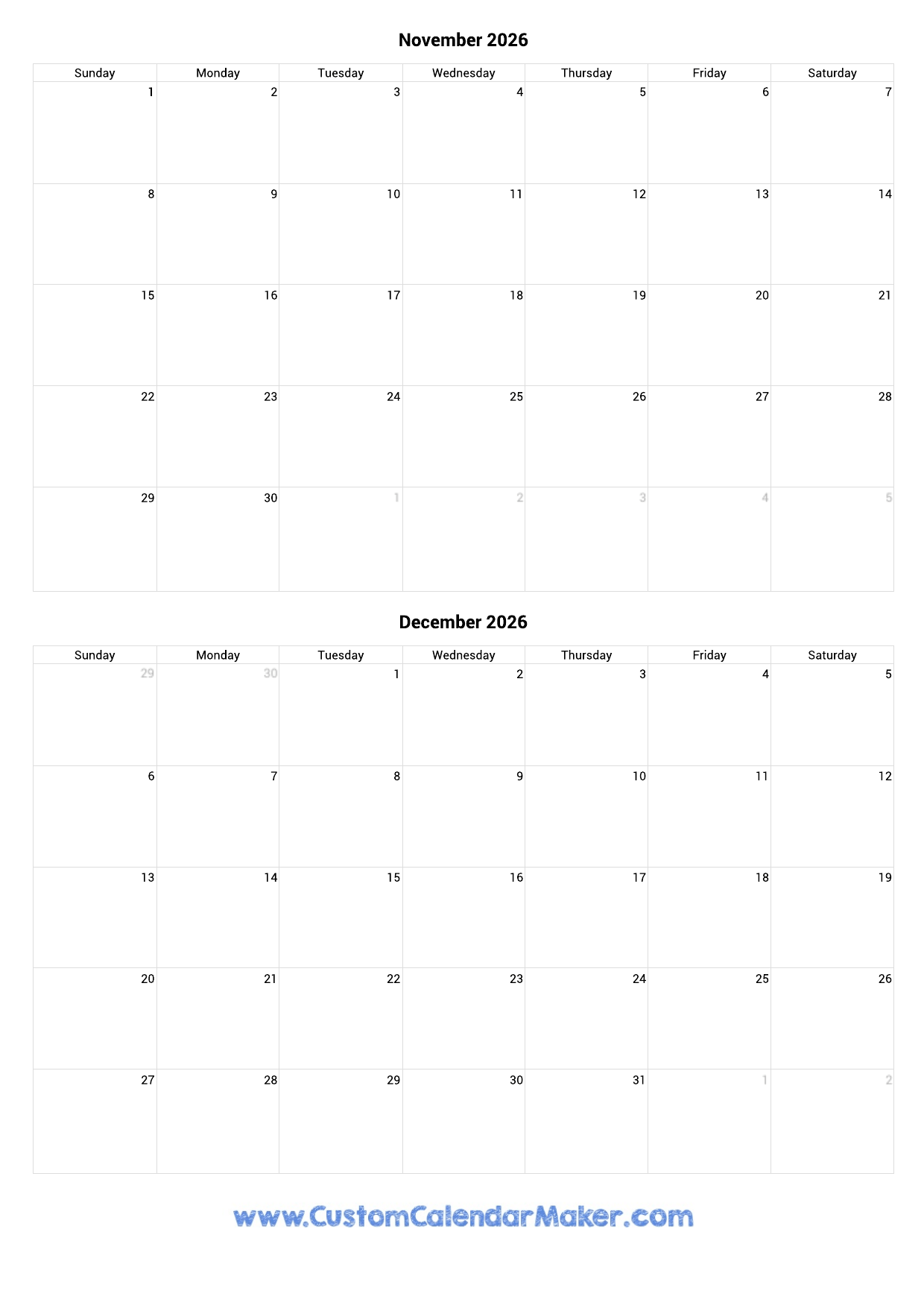 November 2026 December 2026 Calendar Printable