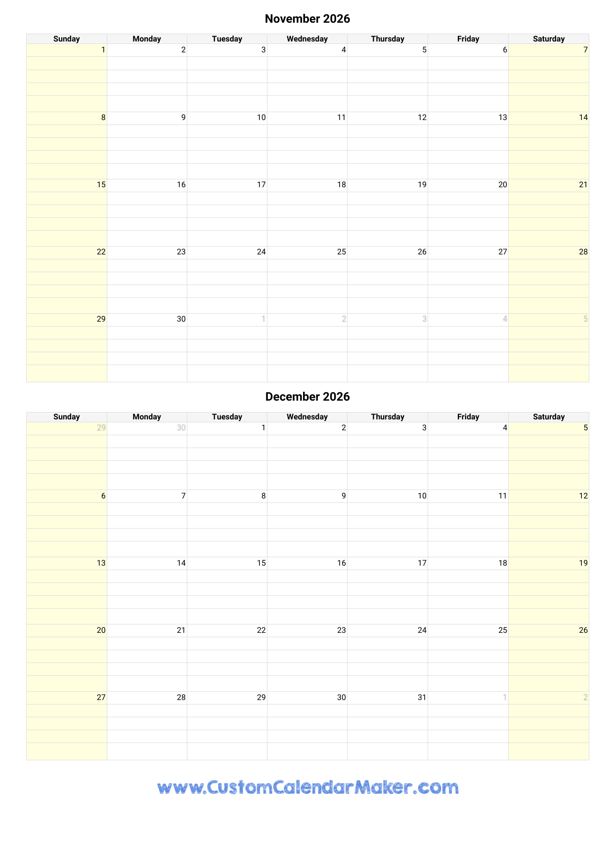 November And December 2026 Calendar Custom Calendar Maker