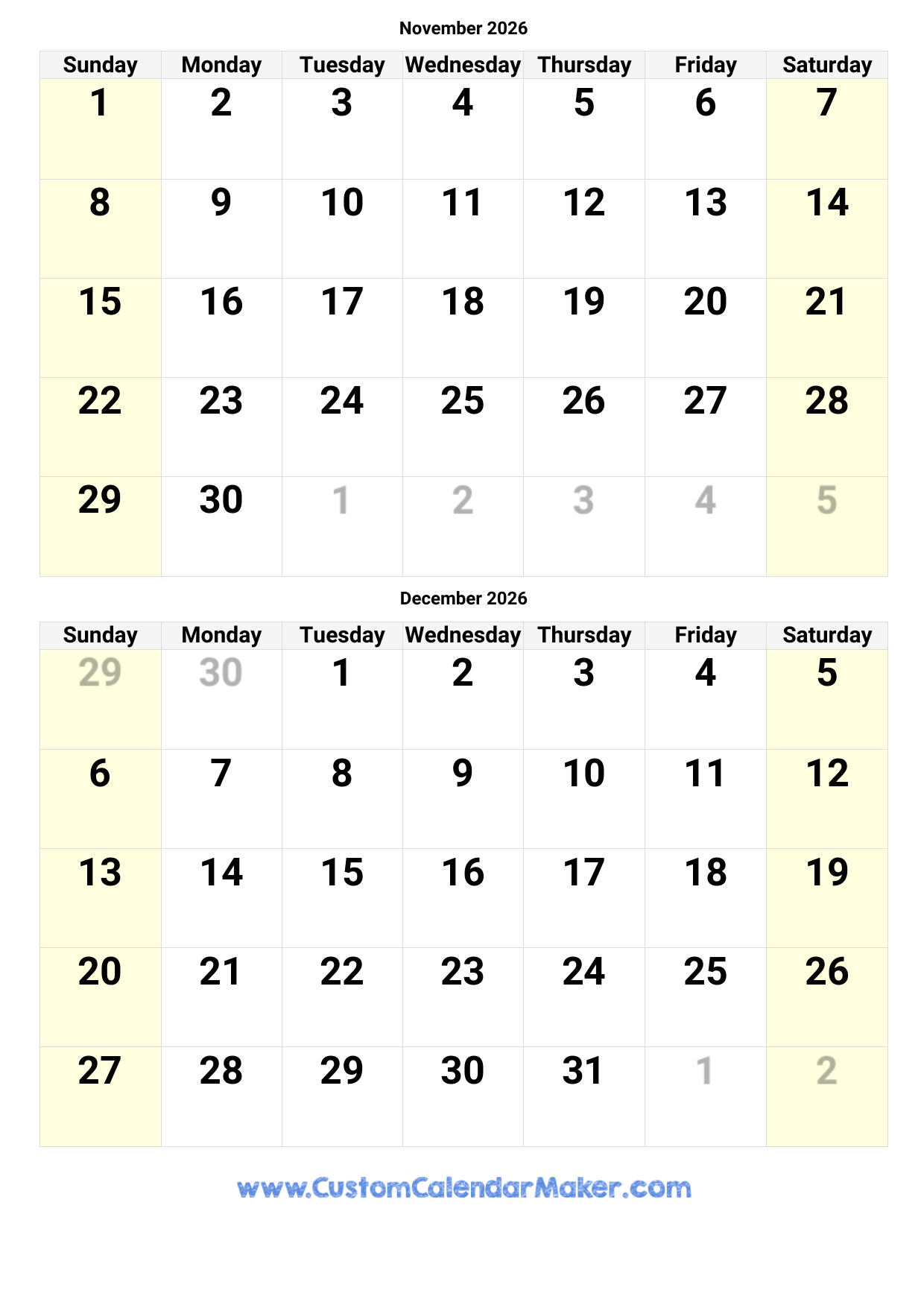 2026 Calendar Printable November December