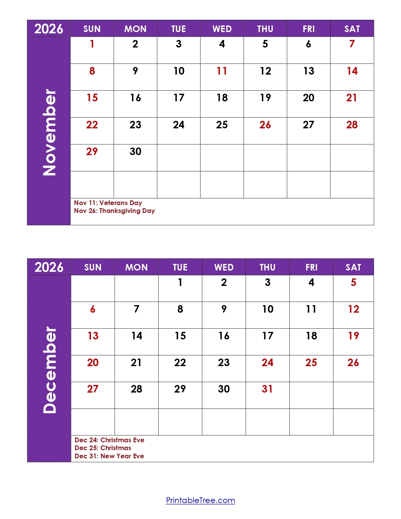 November December 2026 Calendar Printable
