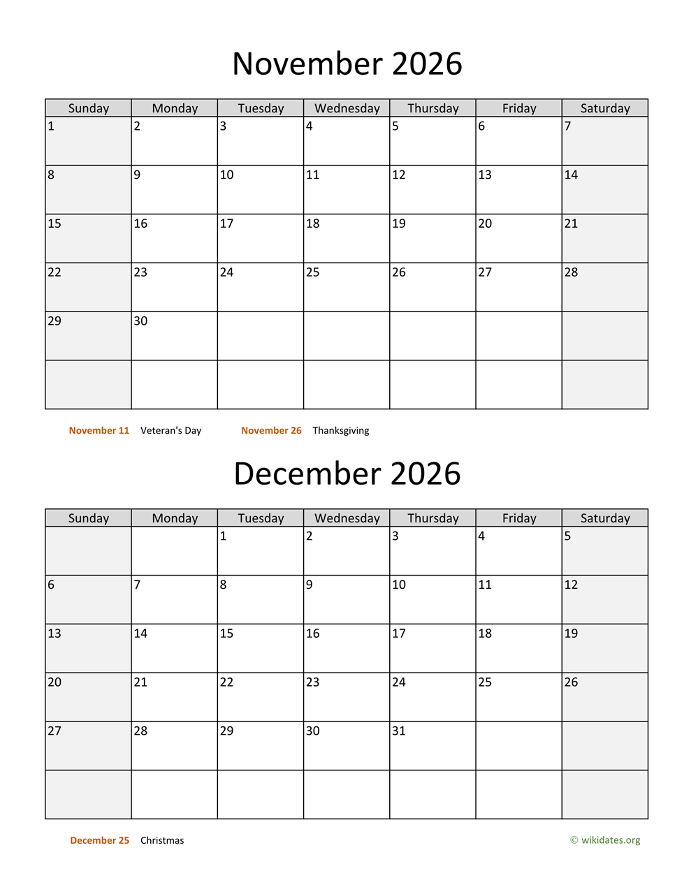 Printable Calendar November Through December 2026