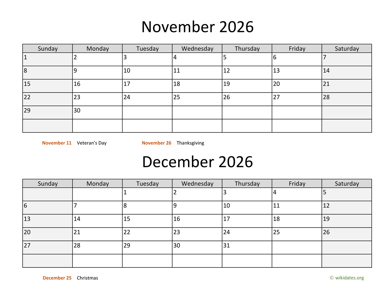November And December 2026 Calendar