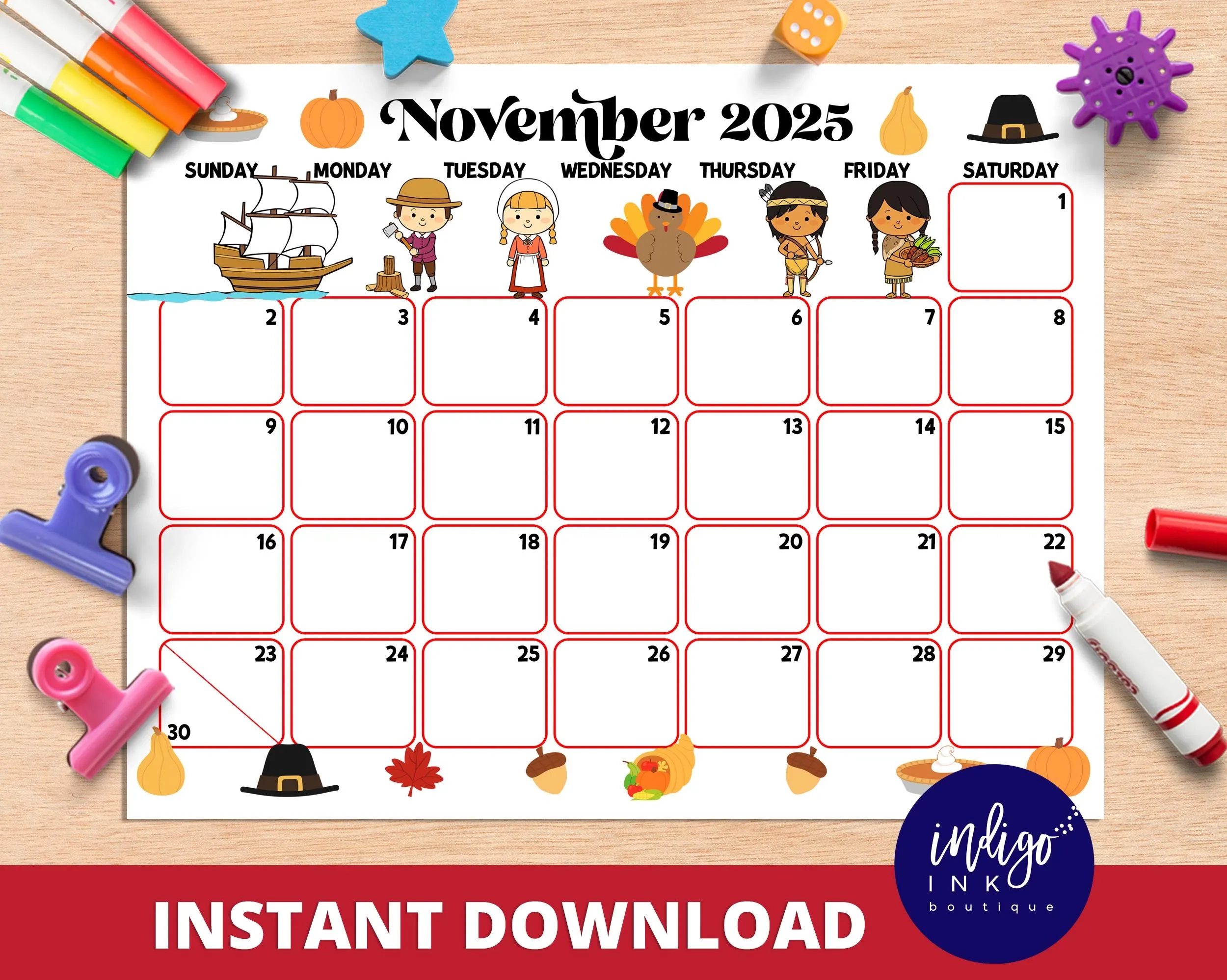 Kids November Calendar Printable