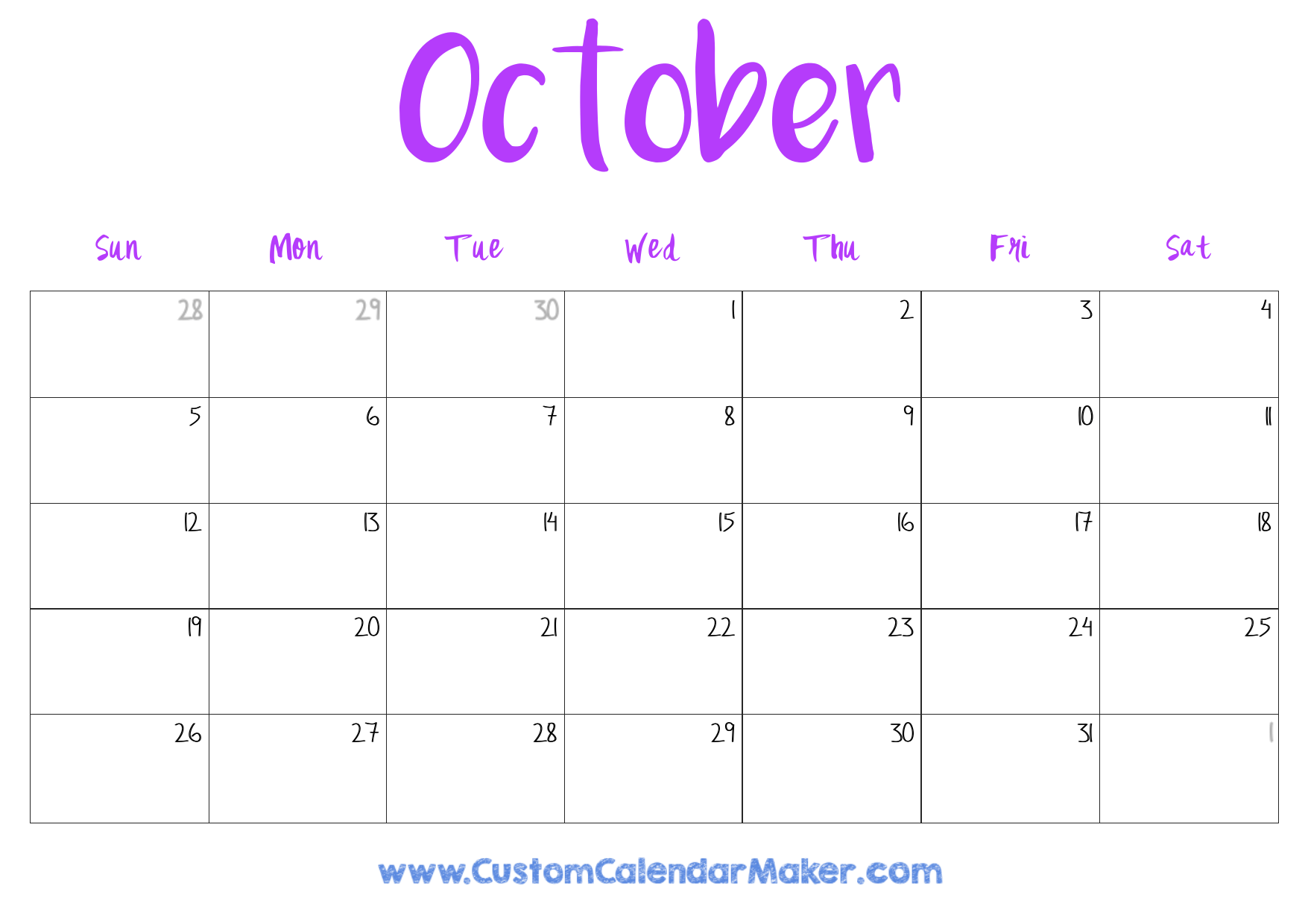 October Blank Calendar Printable