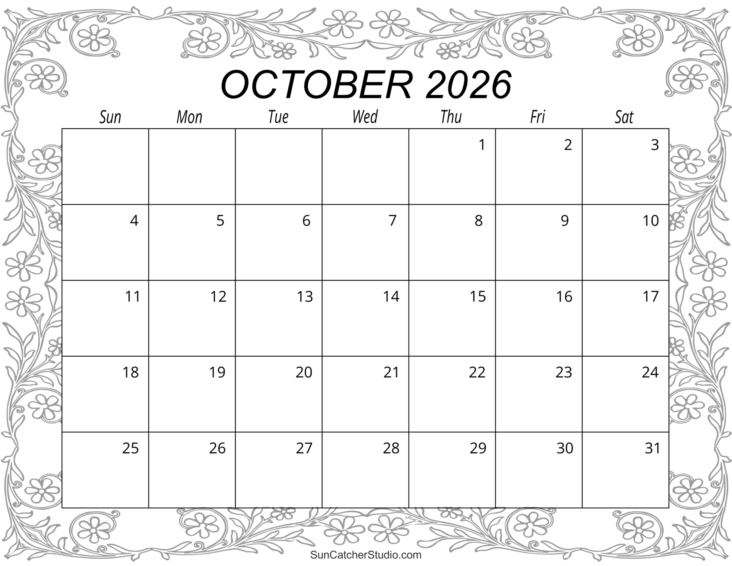 Monthly Calendar 2026 Free Printable