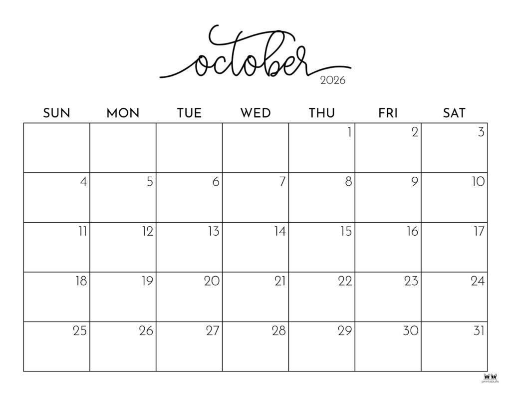 Blank 2026 October Calendar Printable