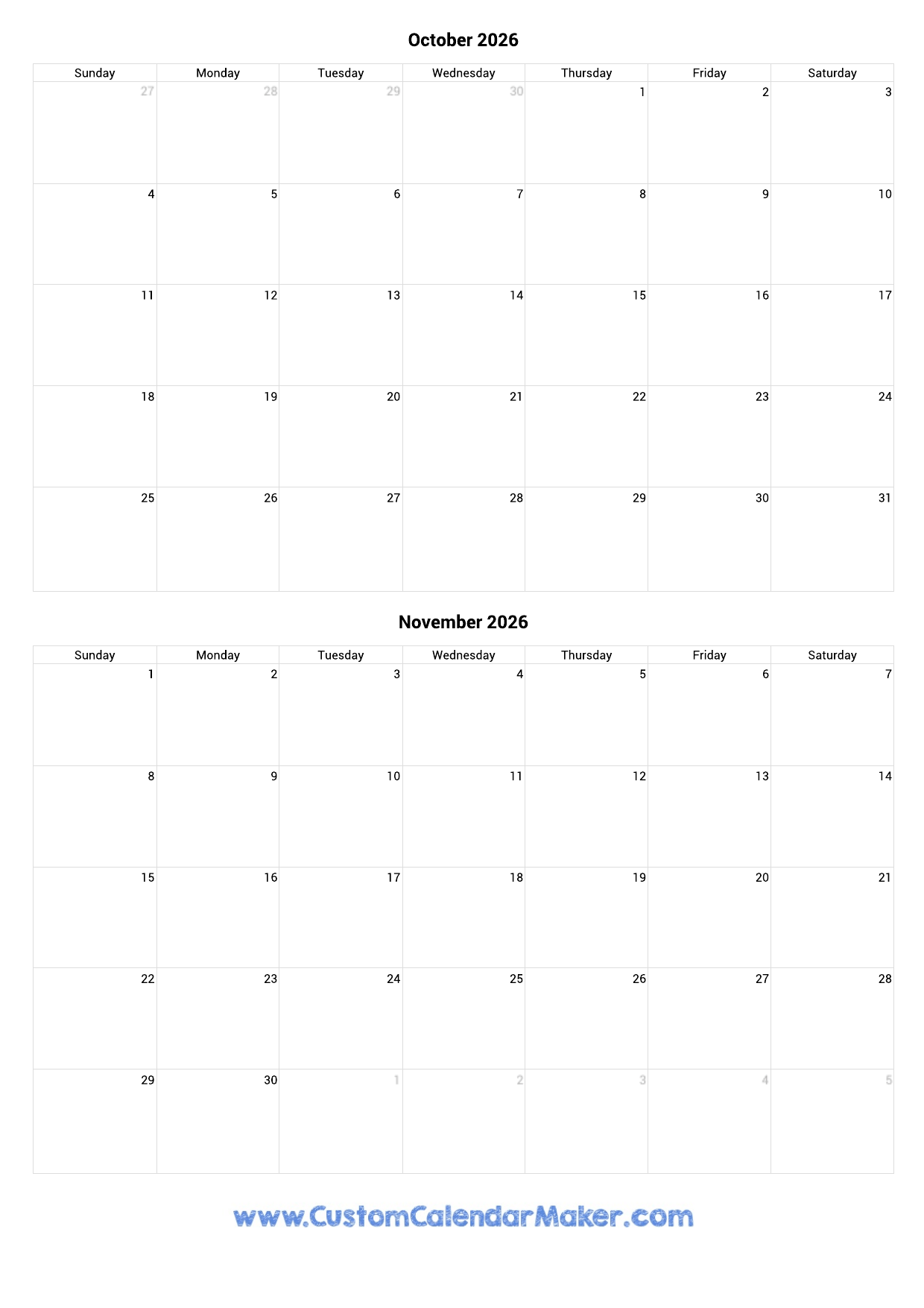 Printable Calendar 2026 October November December