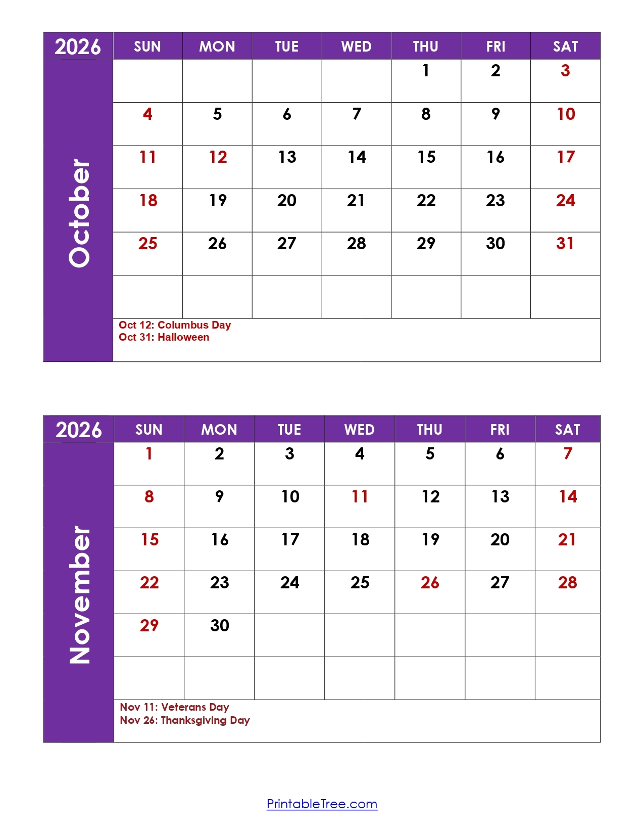 Printable Calendar October November December 2026
