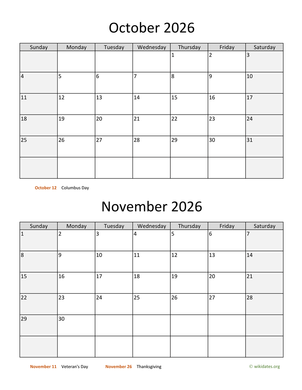 Printable Calendar October November December 2026