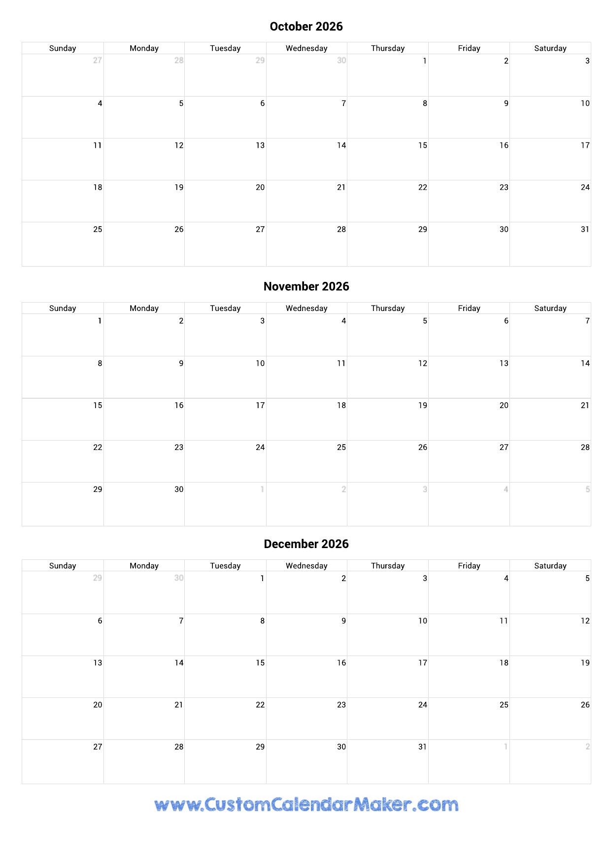 Calendar Printable October November December 2026