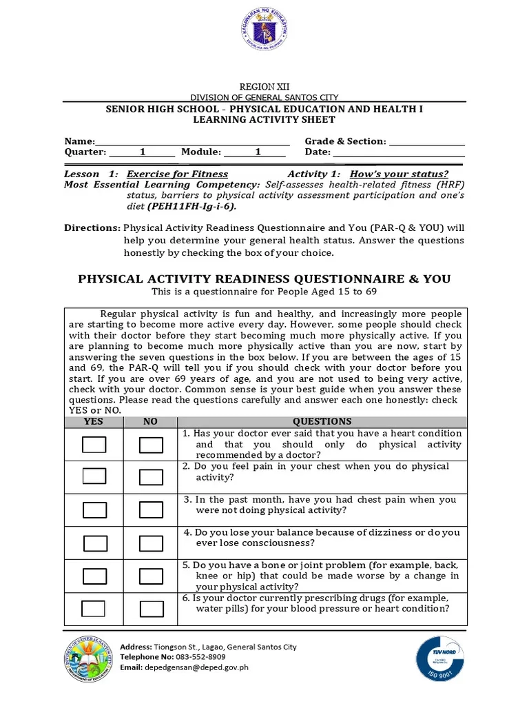 Par Q Amd YOU SHS PE 1 Lesson 1 Activity 1 JHEB PDF Career 