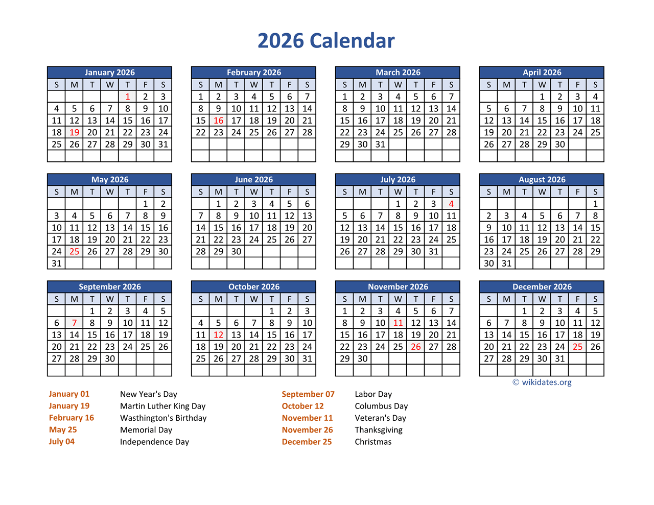 Printable Calendar 2026 With Us Holidays
