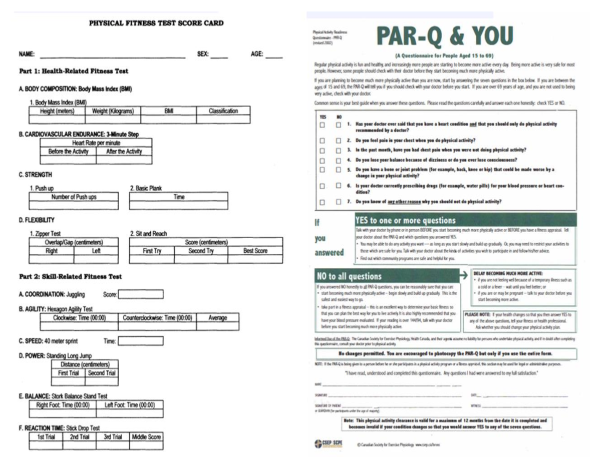 PHYSICAL FITNESS TEST SCORE CARD PARQ Questionnaire Revised 2002 