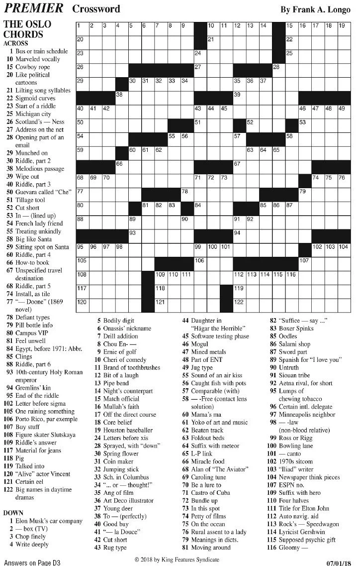 PREMIER CROSSWORD PUZZLE Puzzles Rutlandherald