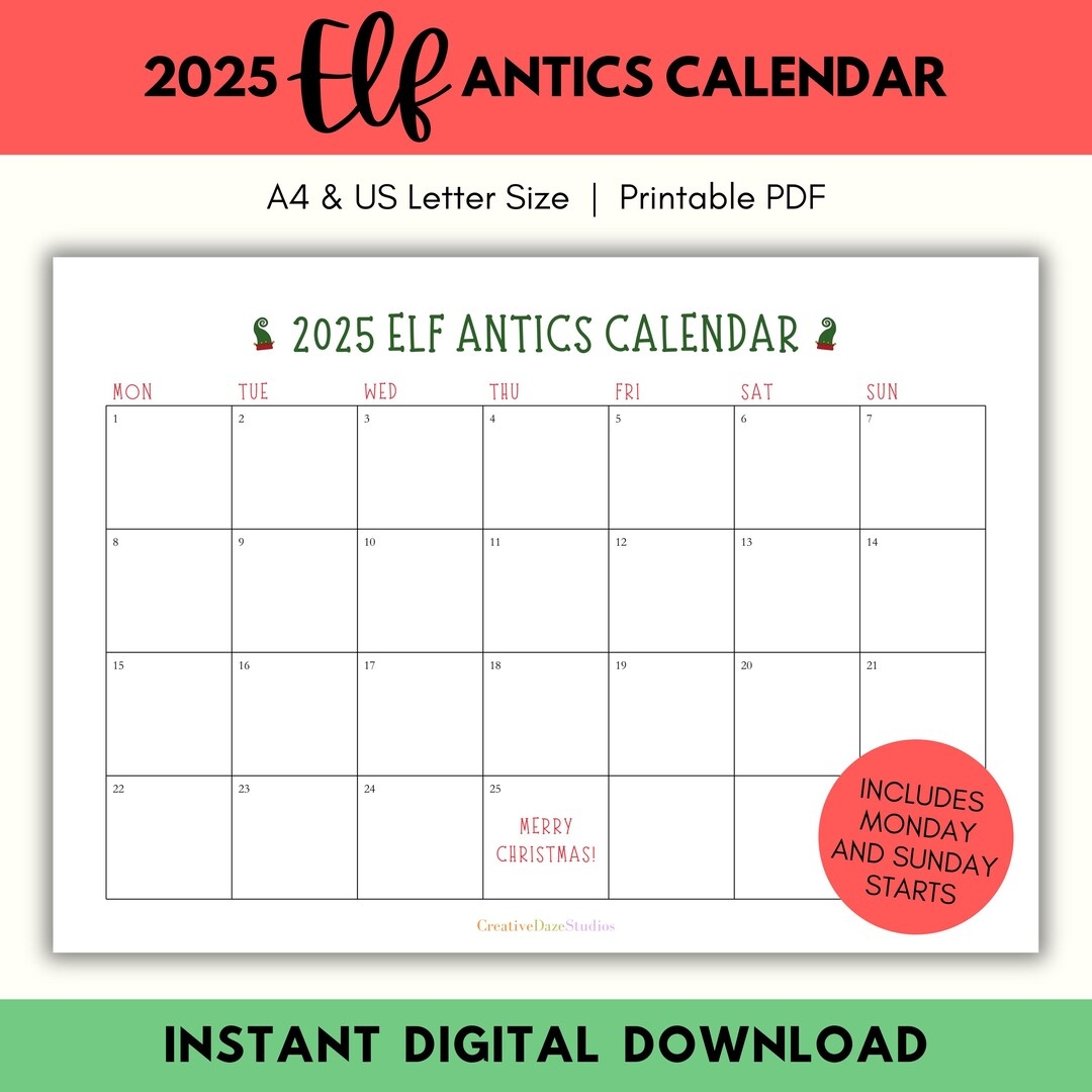 Printable 2025 Elf Planning Calendar December 2025 Elf Planner 