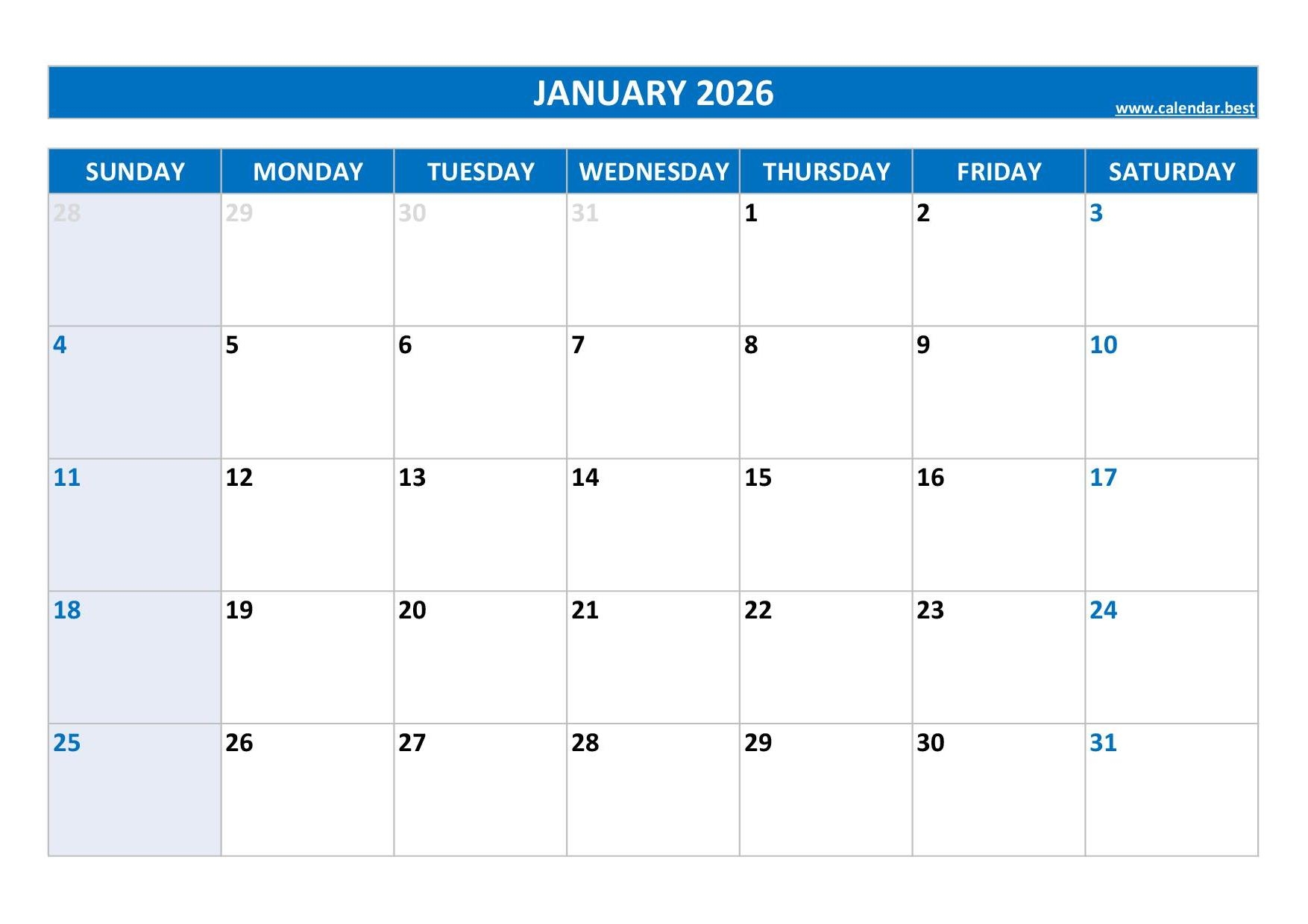 Blank Monthly Calendar 2026 Printable