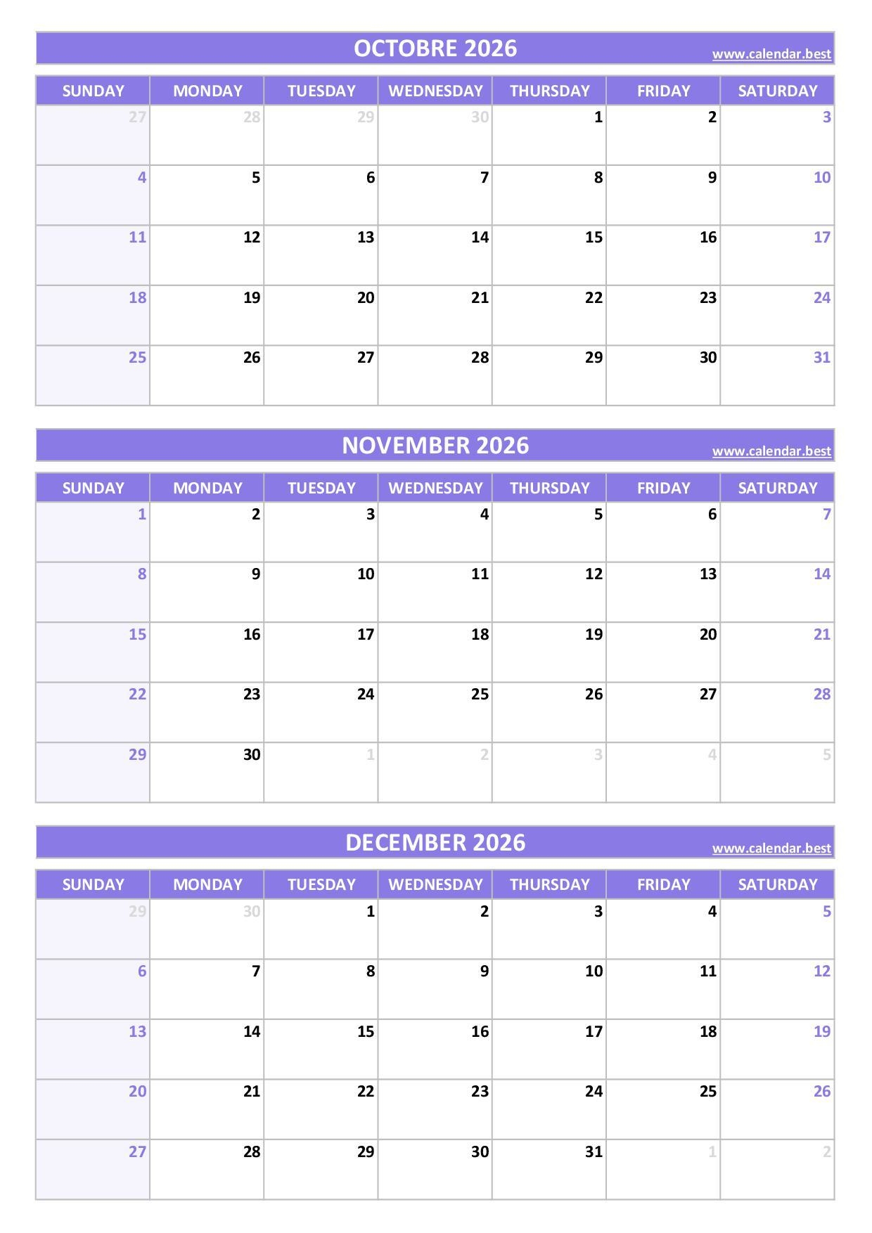 Printable October November Decmber 2026 Calendar