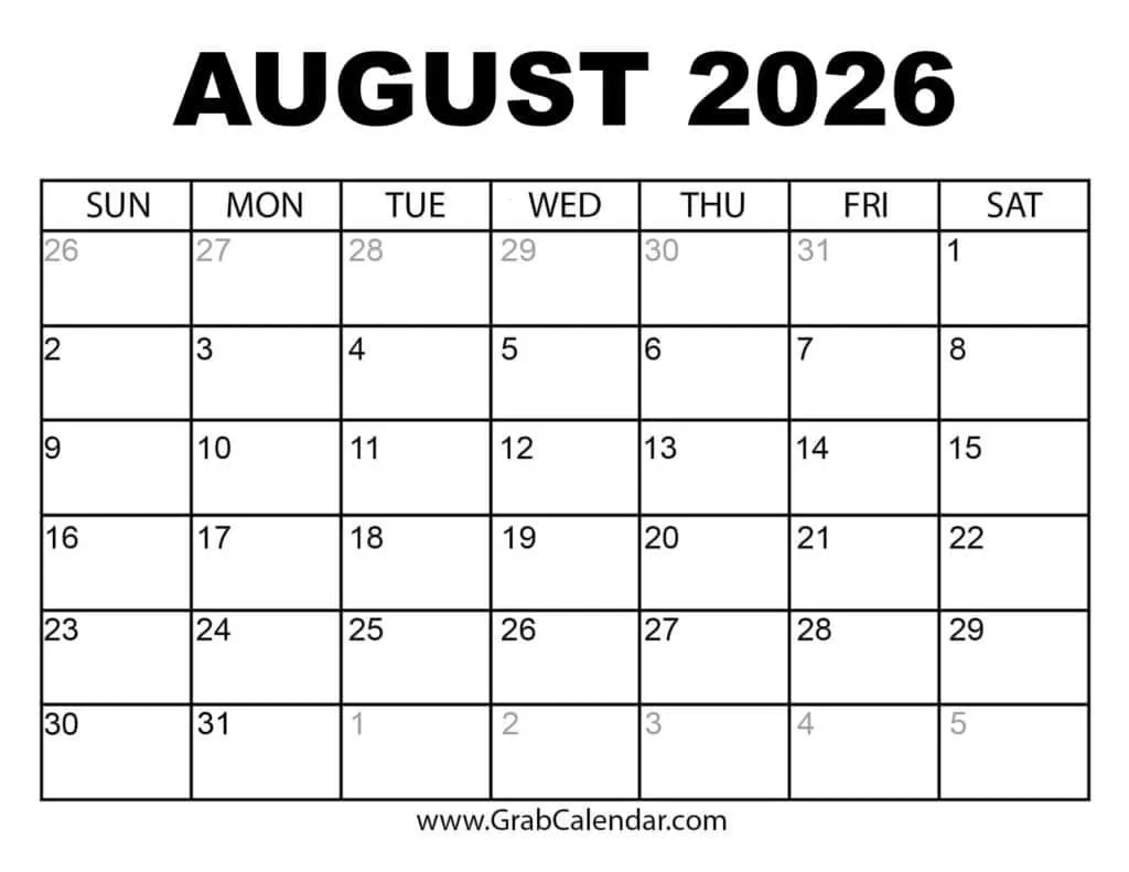 Free Printable Calendar Templates August 2026