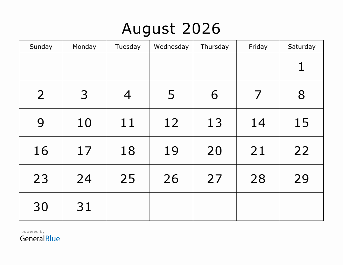 Blank August 2026 Calendar Free