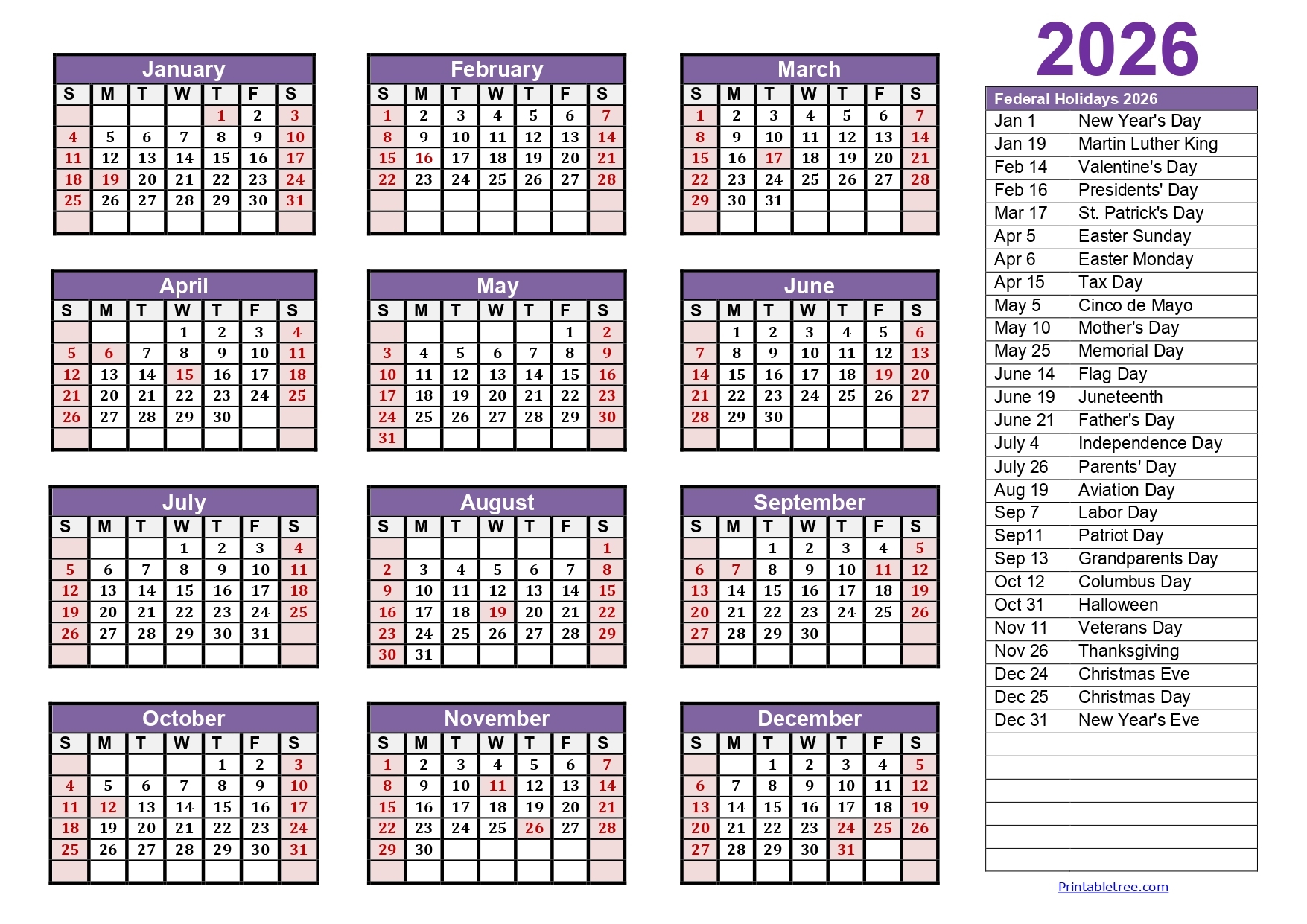 12 Month Calendar 2026 Printable