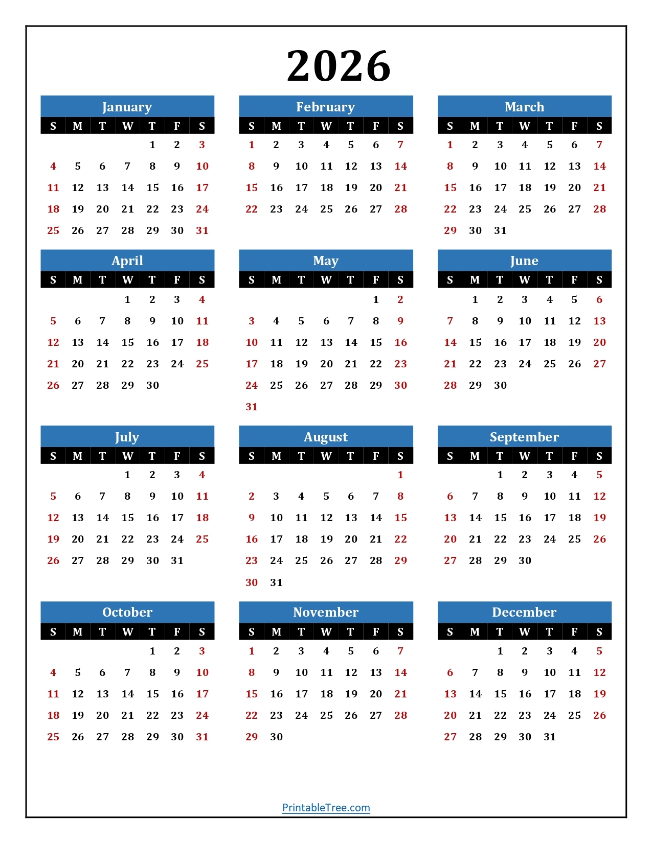 2026 Year Calendar With Holidays Printable