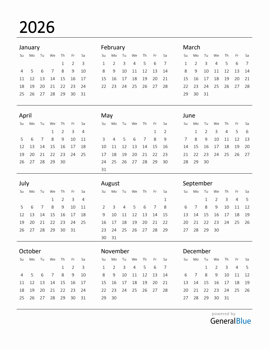 2026 Year At A Glance Calendar Free Printable