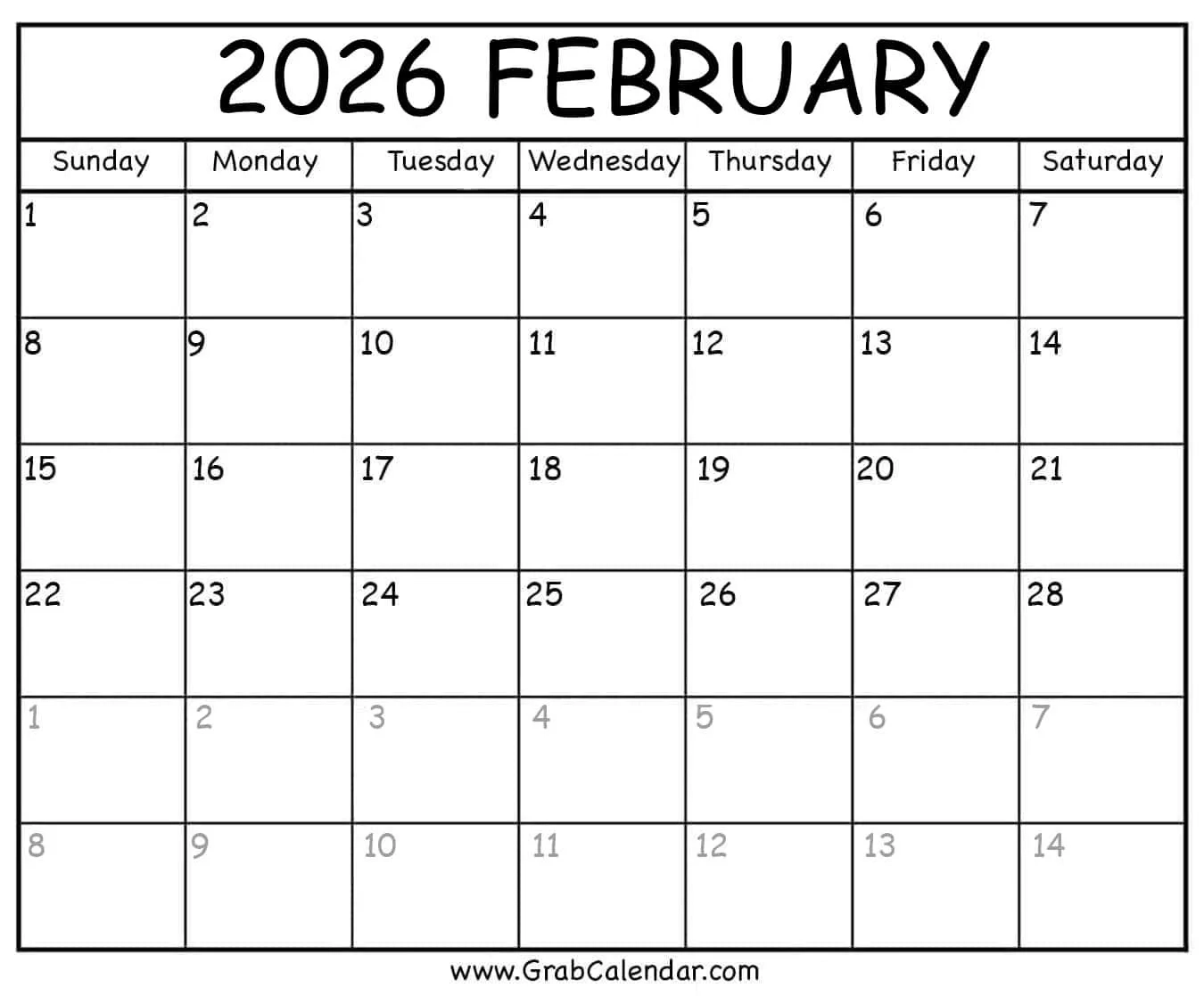 February 2026 Blank Printable Calendar