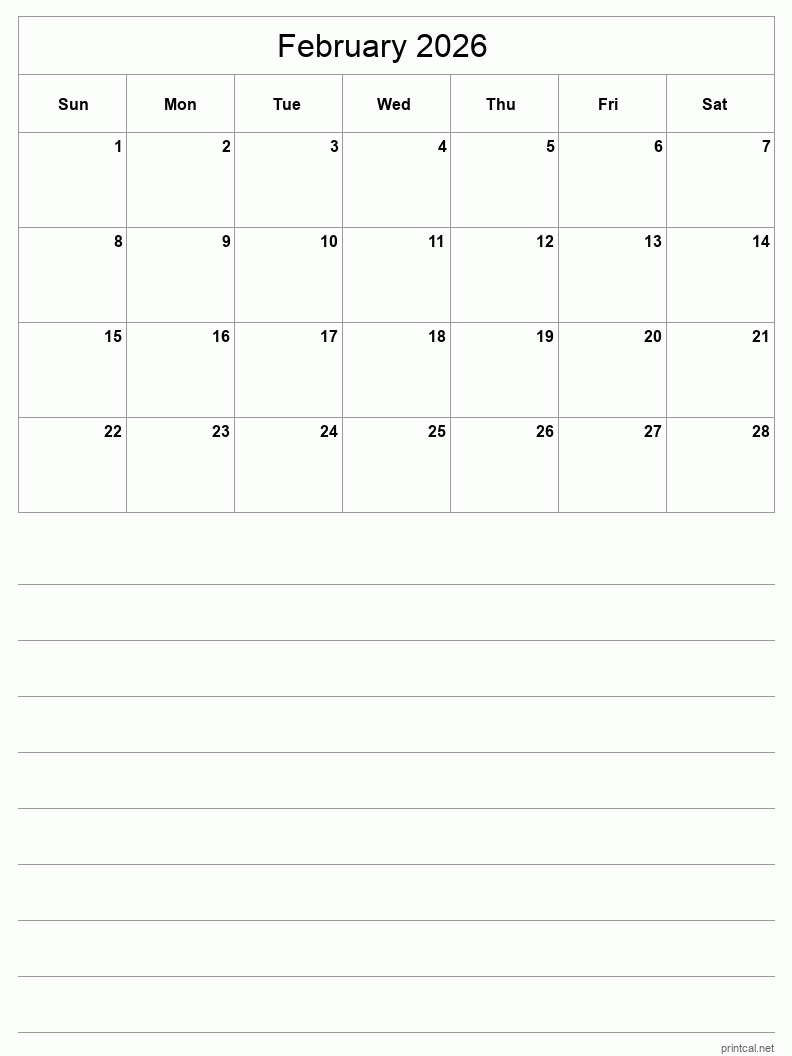 Blank February 2026 Calendar Template