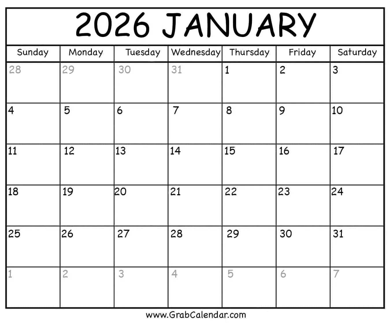 Blank Printable Calendar For 2026