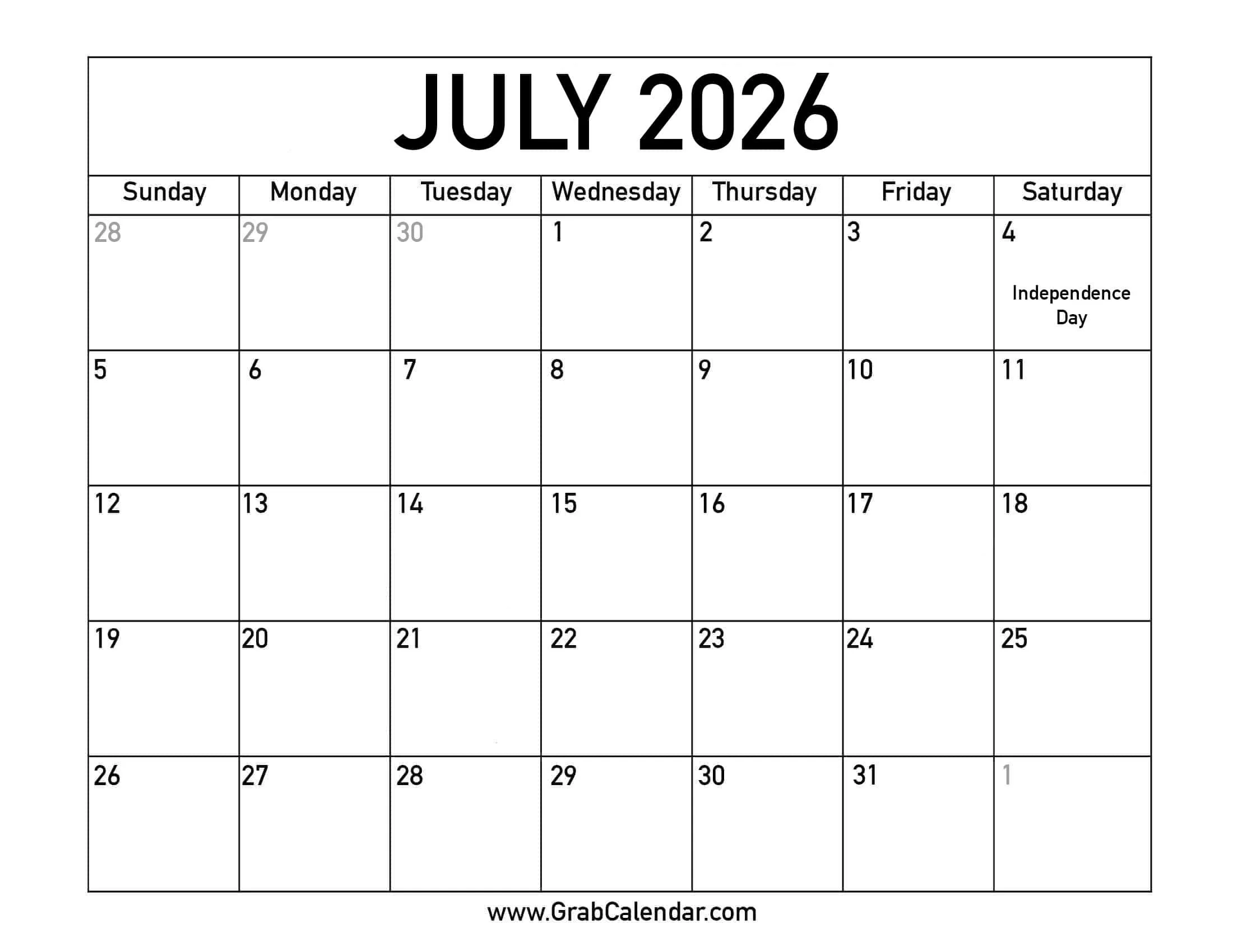 Blank July Calendar 2026 With Holidays