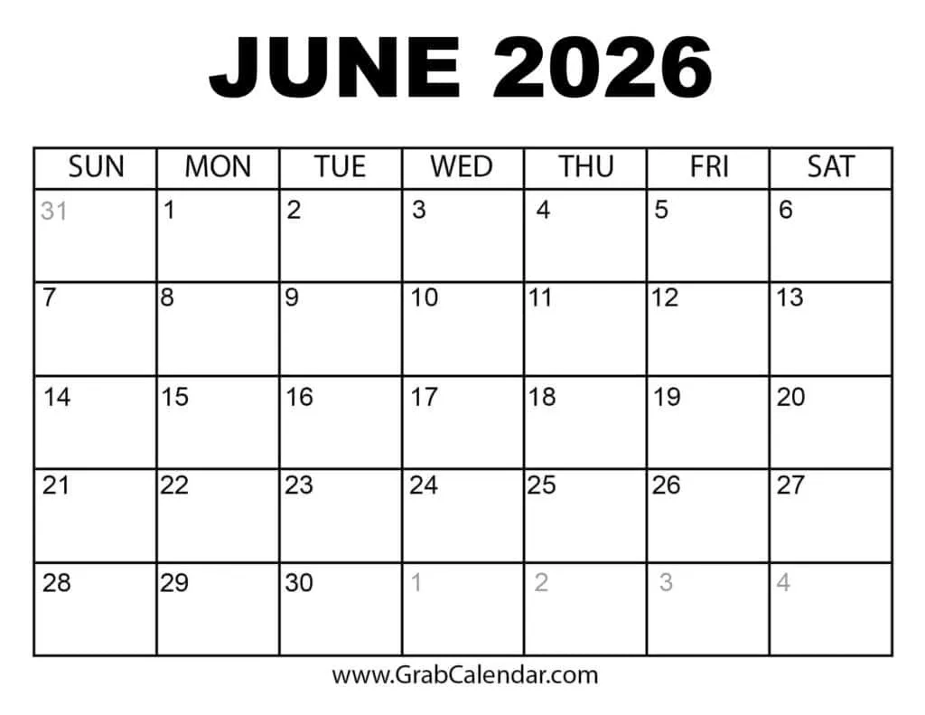 June To December 2026 Calendar Printable