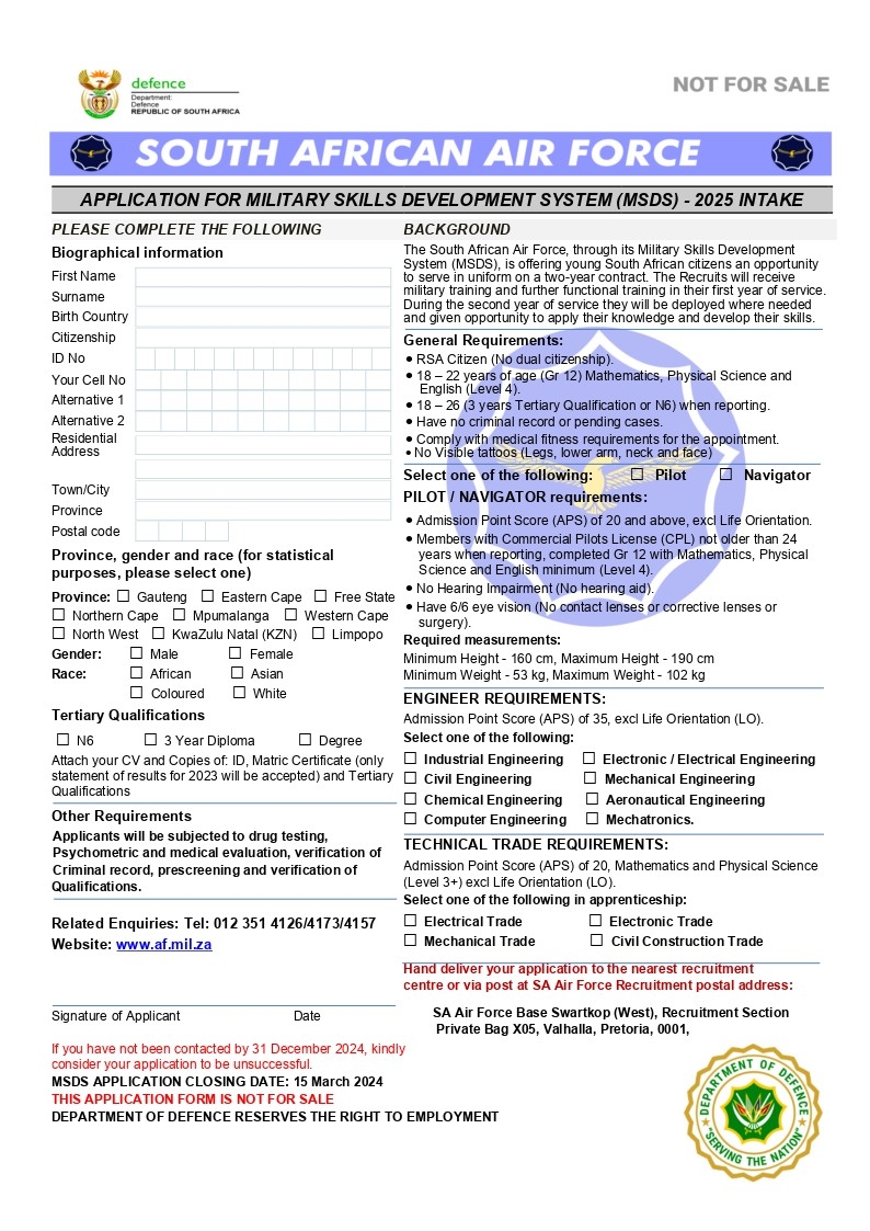 SANDF Opens 2025 MSDS Applications DefenceWeb