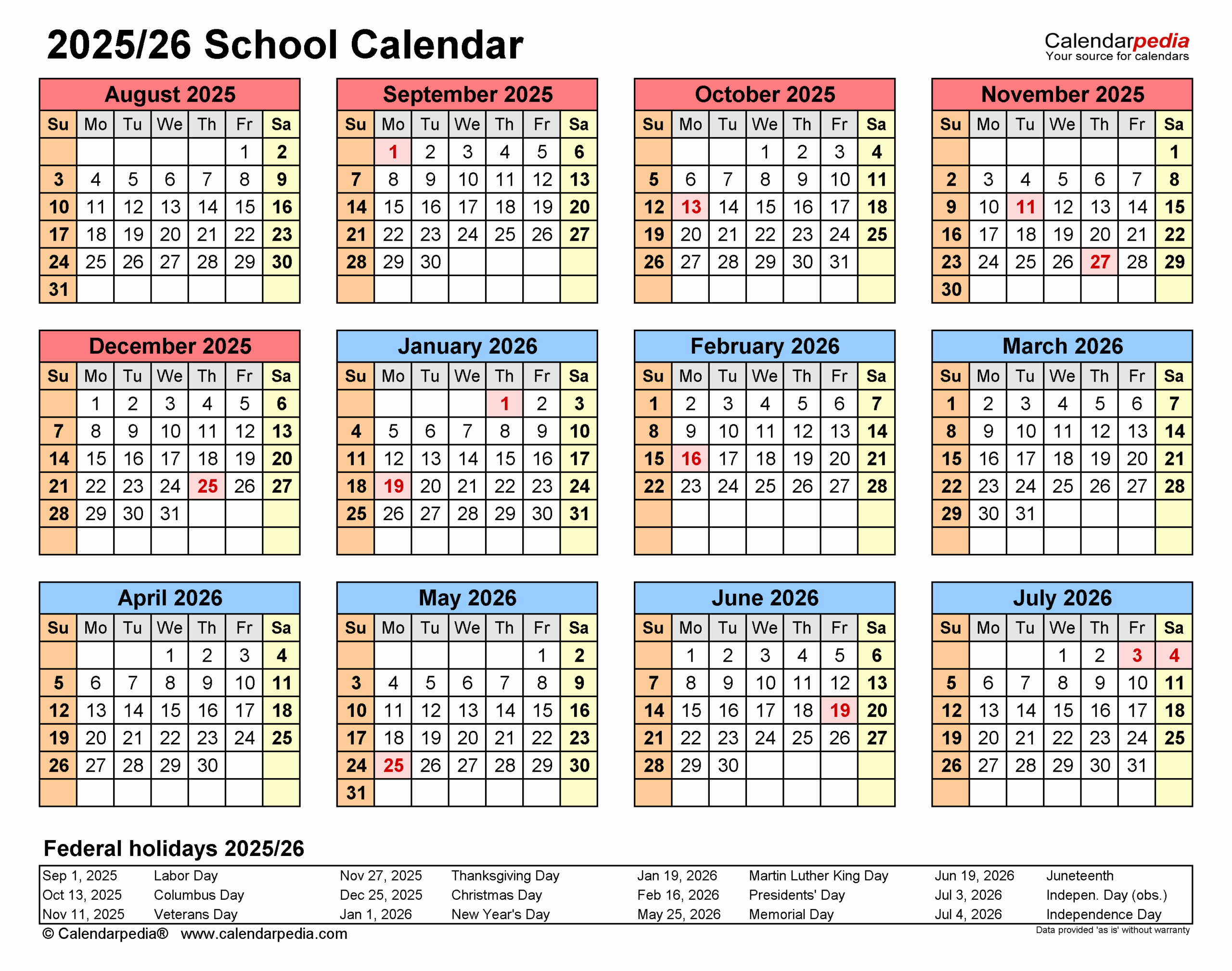 Free Printable School Calendar 2026 2025
