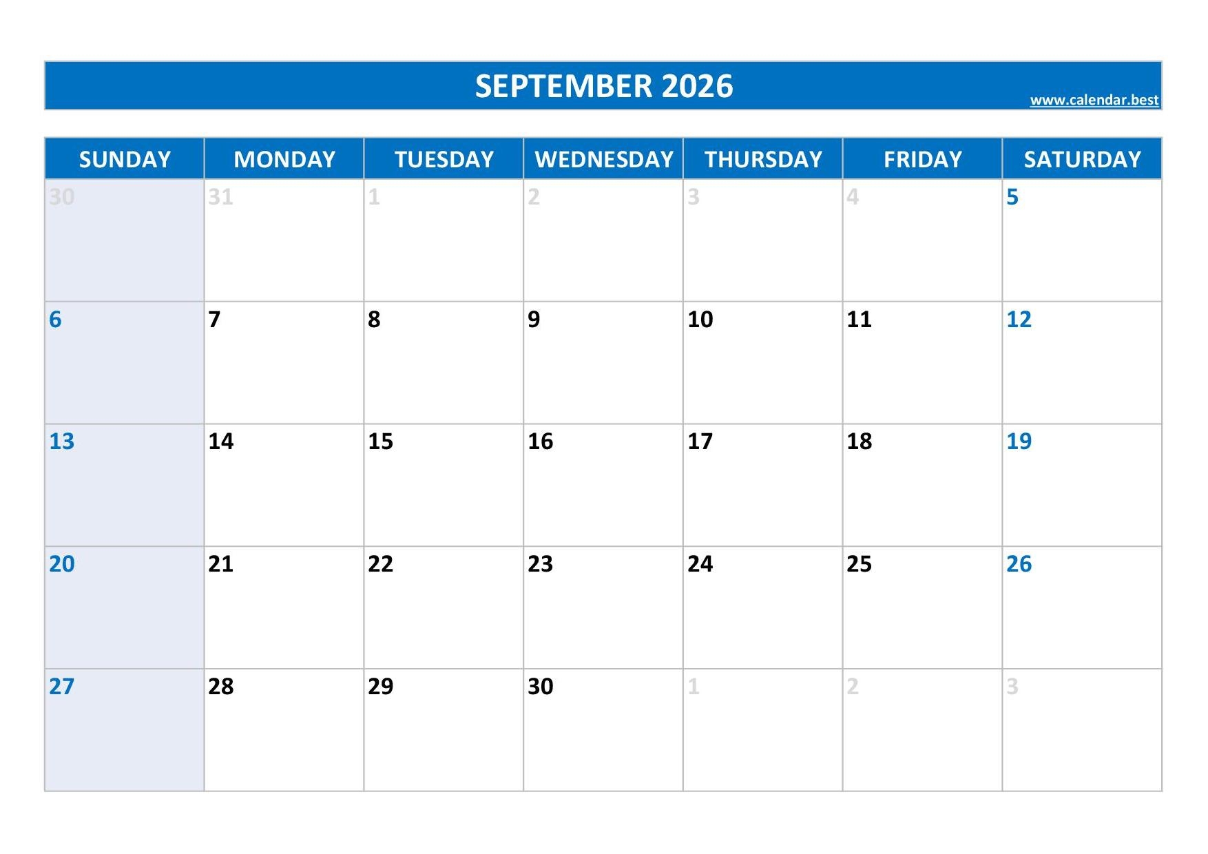 Blank Calendar For September 2026 Printable