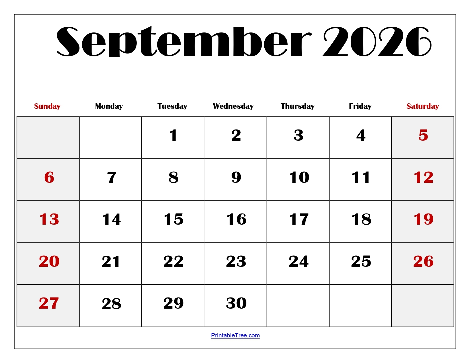 September Calendar 2026 Blank Printable Free