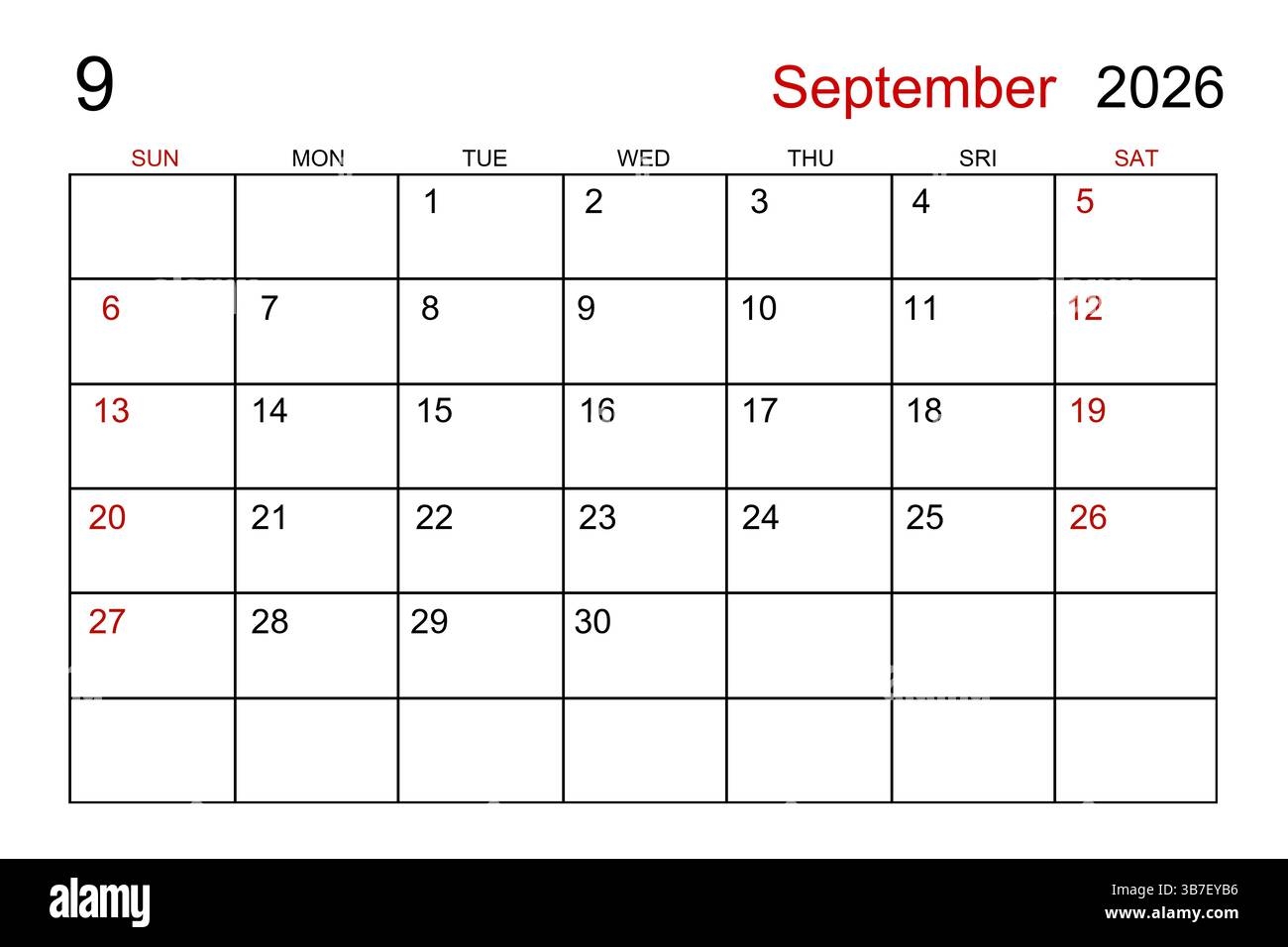 Blank September 2026 Calendar Page