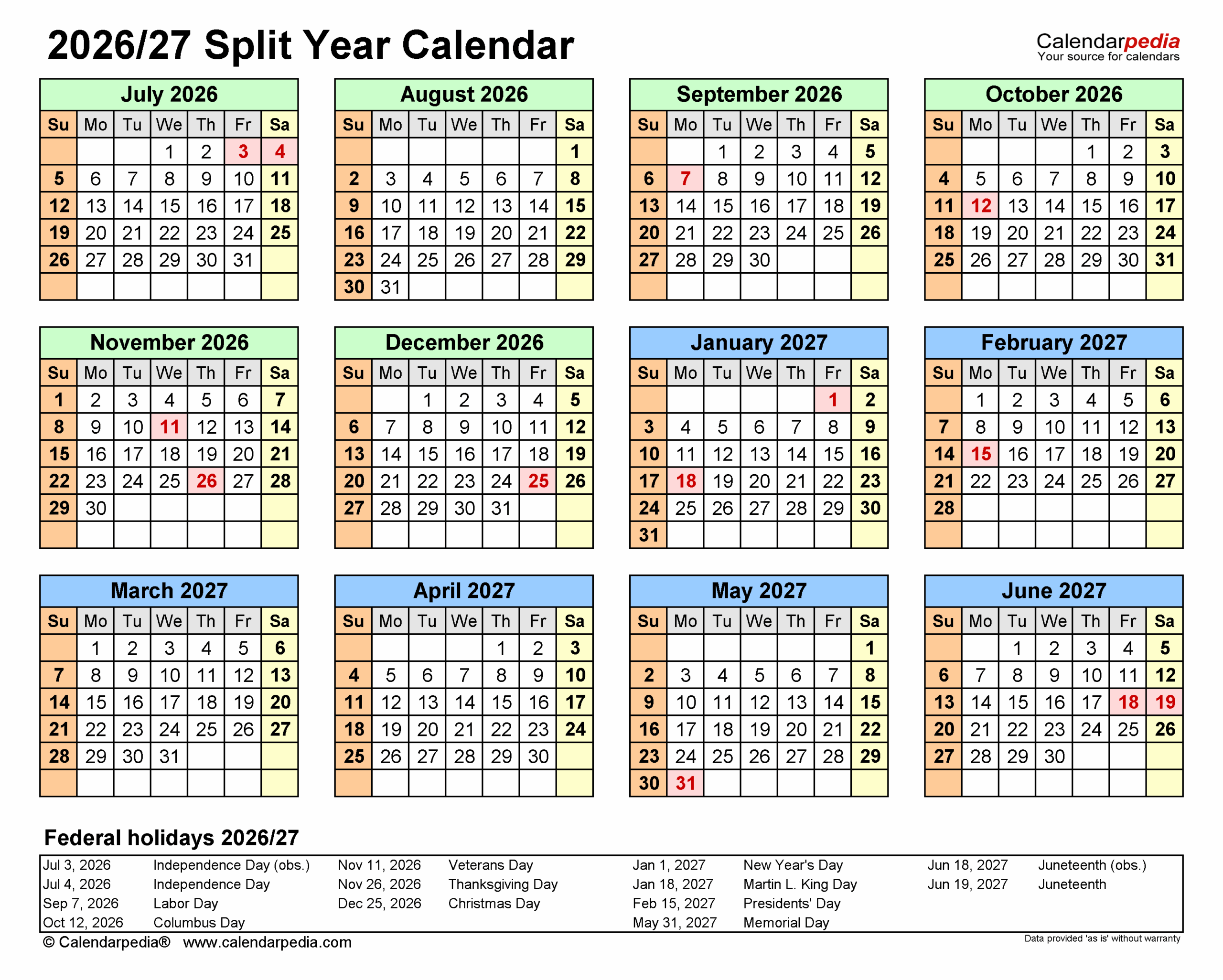 Split Year Calendars 2026 2027 July To June Word Templates
