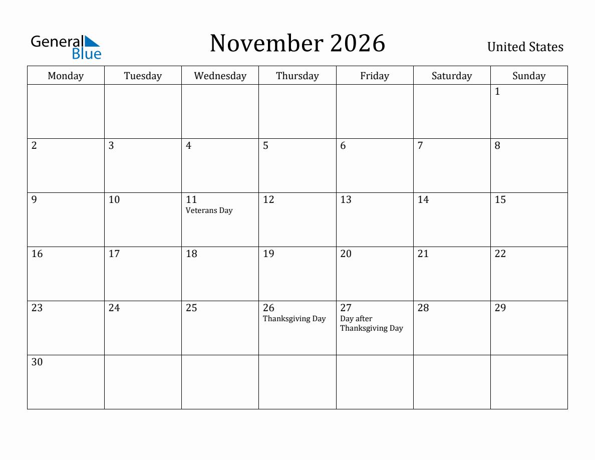United States Monthly Calendar November 2026 Monday Start 