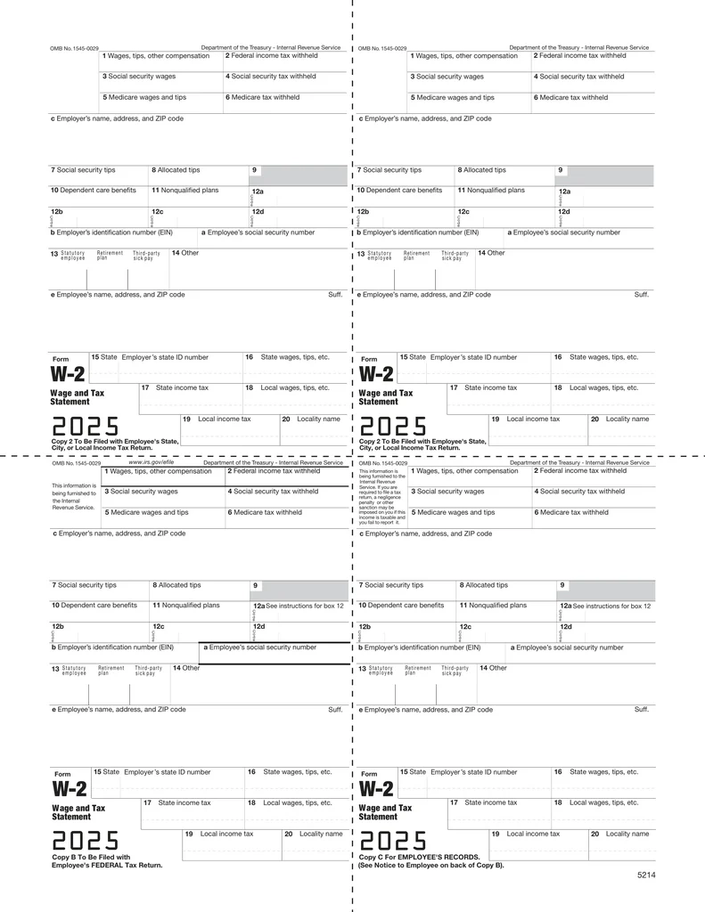 W 2 4 Up Box Employee Copy B C 2 And 2 Or Extra Copy M Style 