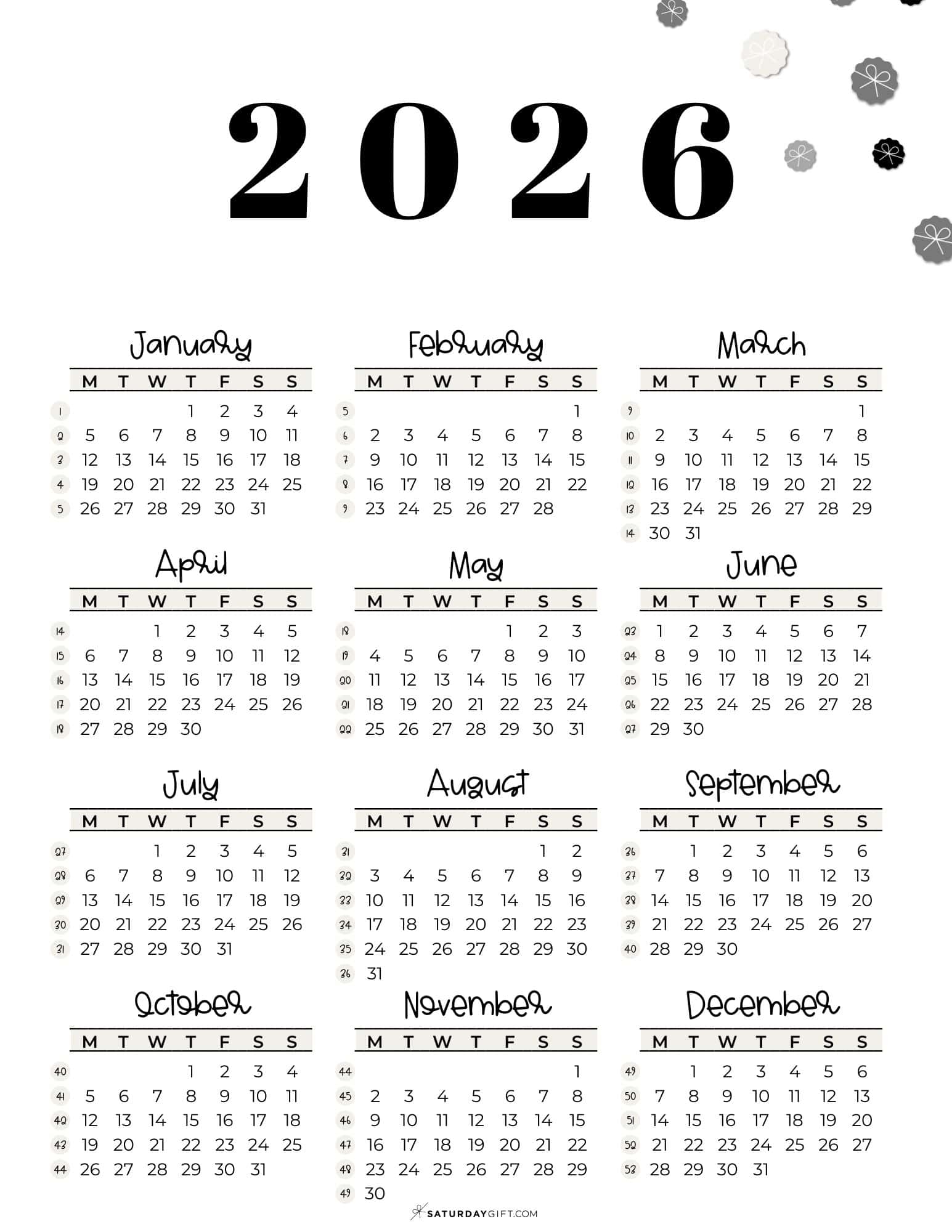 Printable Weekly Calendar Begining November 2026