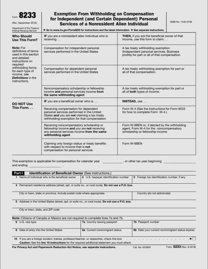 What Is Form 8233 And How Do You File It Sprintax Blog