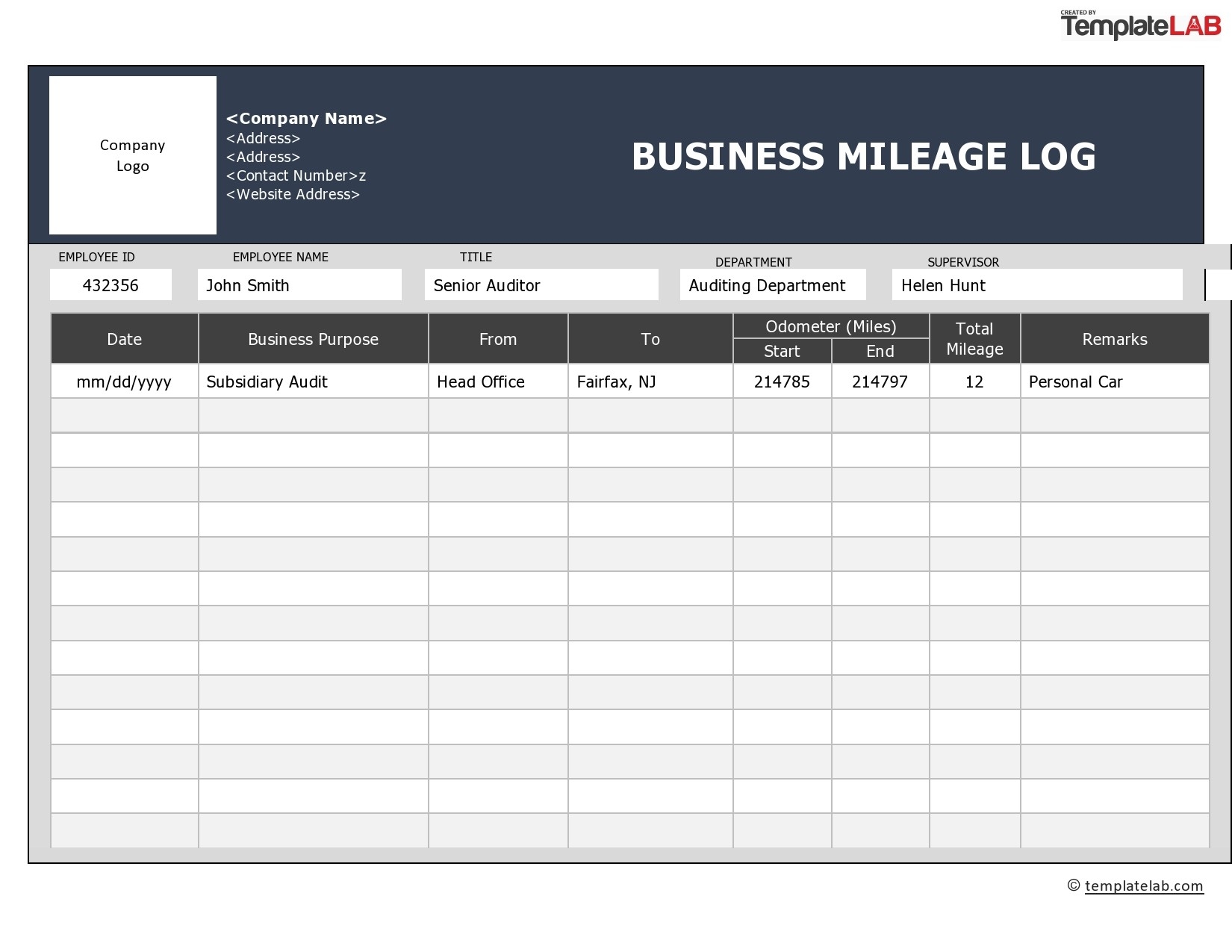 Printable Mileage Log Template For Self-Employed