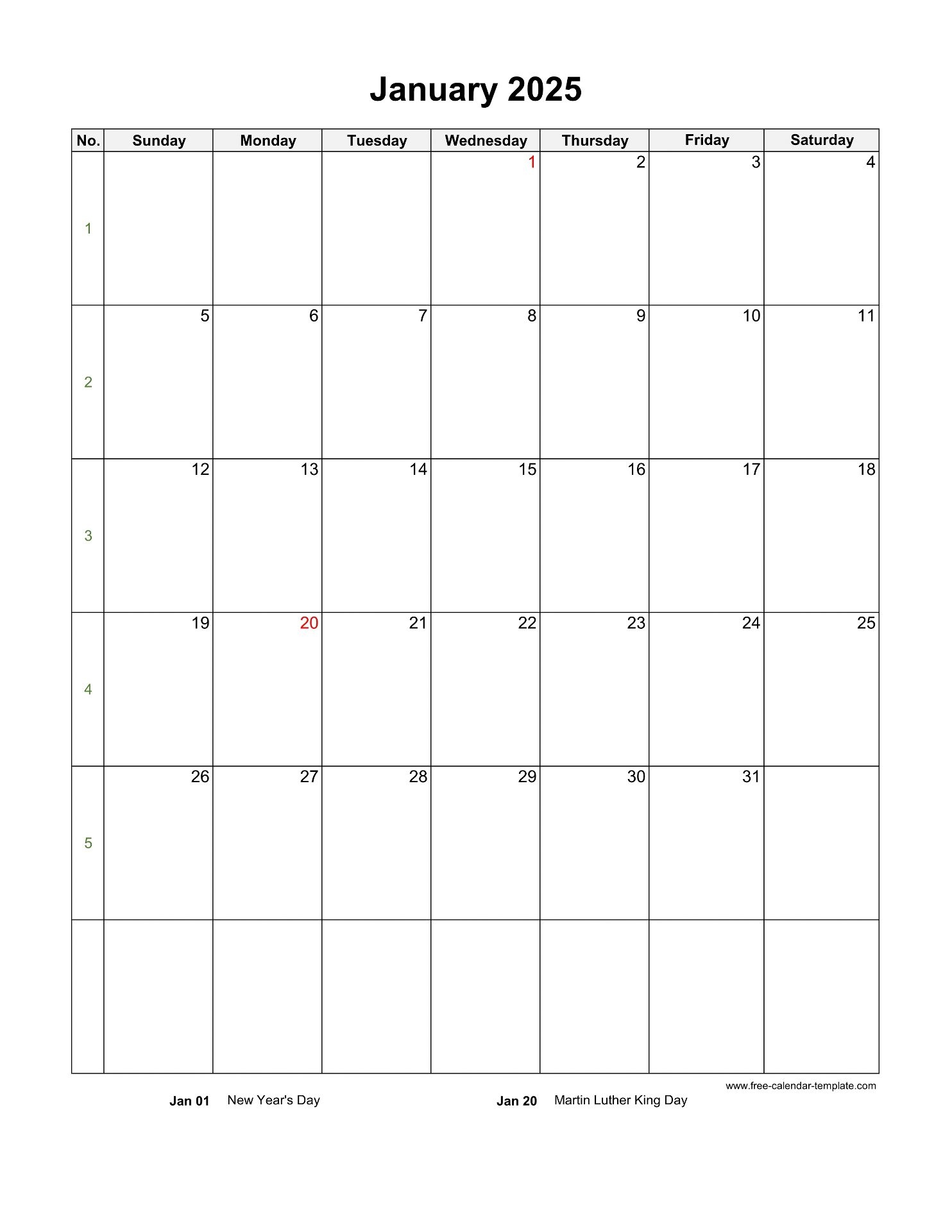 Printable Blank Calendar 2025 With Holidays