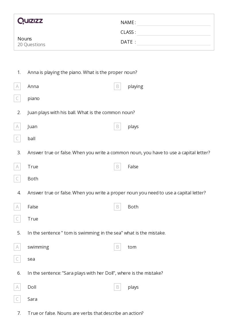 Free Printable Noun Worksheets 4th Grade