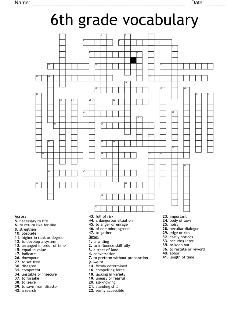 Free Printable Crossword Puzzles For Grade 6