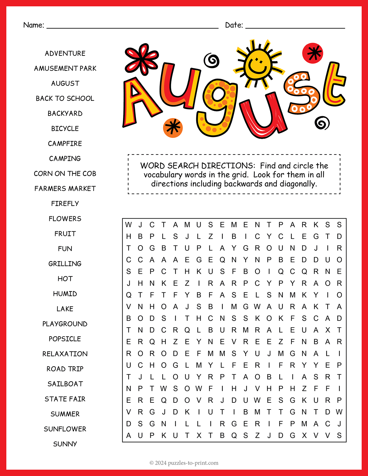 Free Printable Word Search Puzzles For August